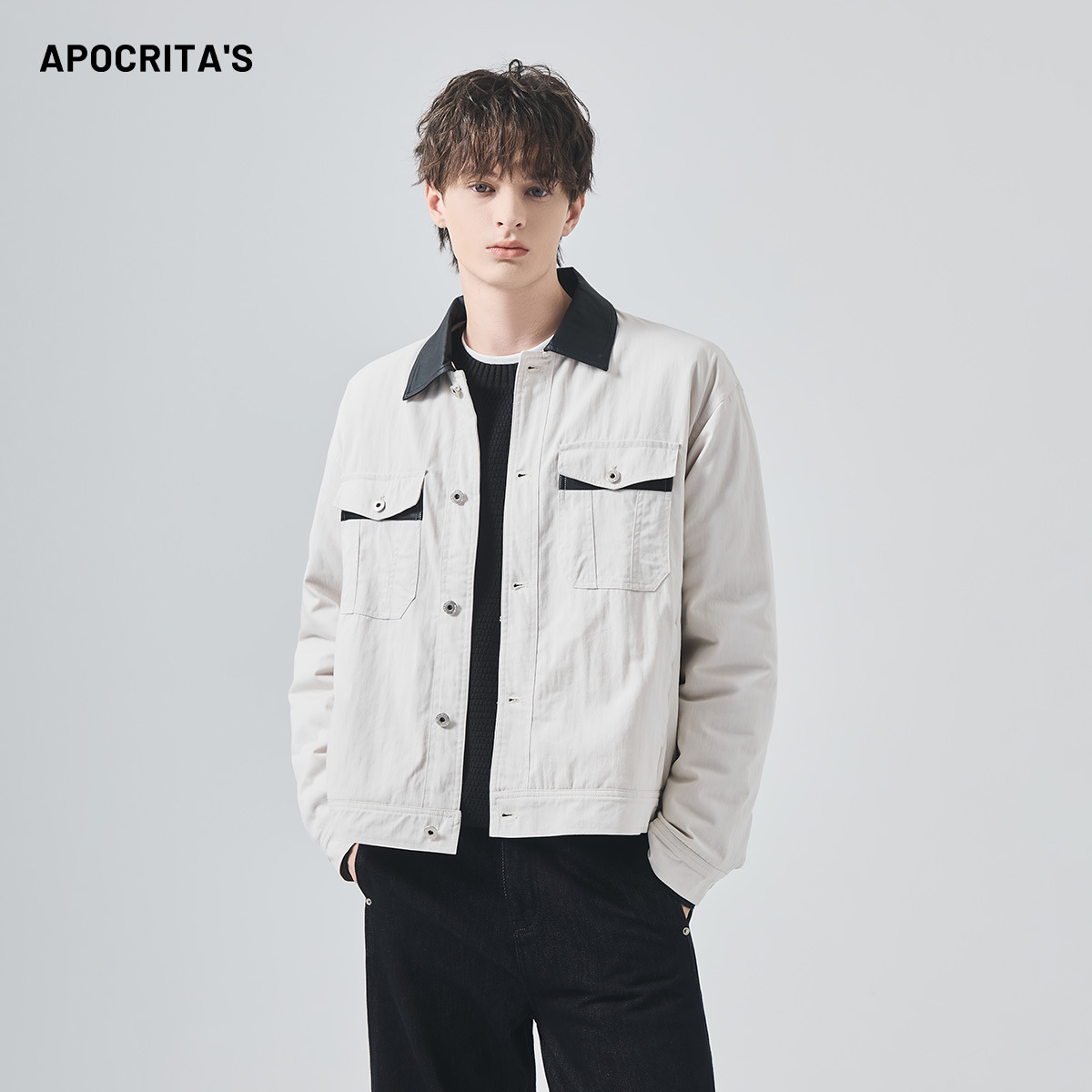 APO男装|青年男士外套冬季加厚保暖宽松休闲撞色PU领棉服夹克上衣