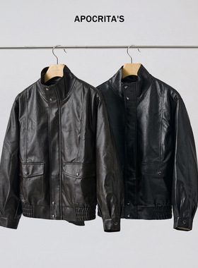 APO女装|青年黑色皮衣外套女士秋季高级感宽松立领酷飒风机车夹克