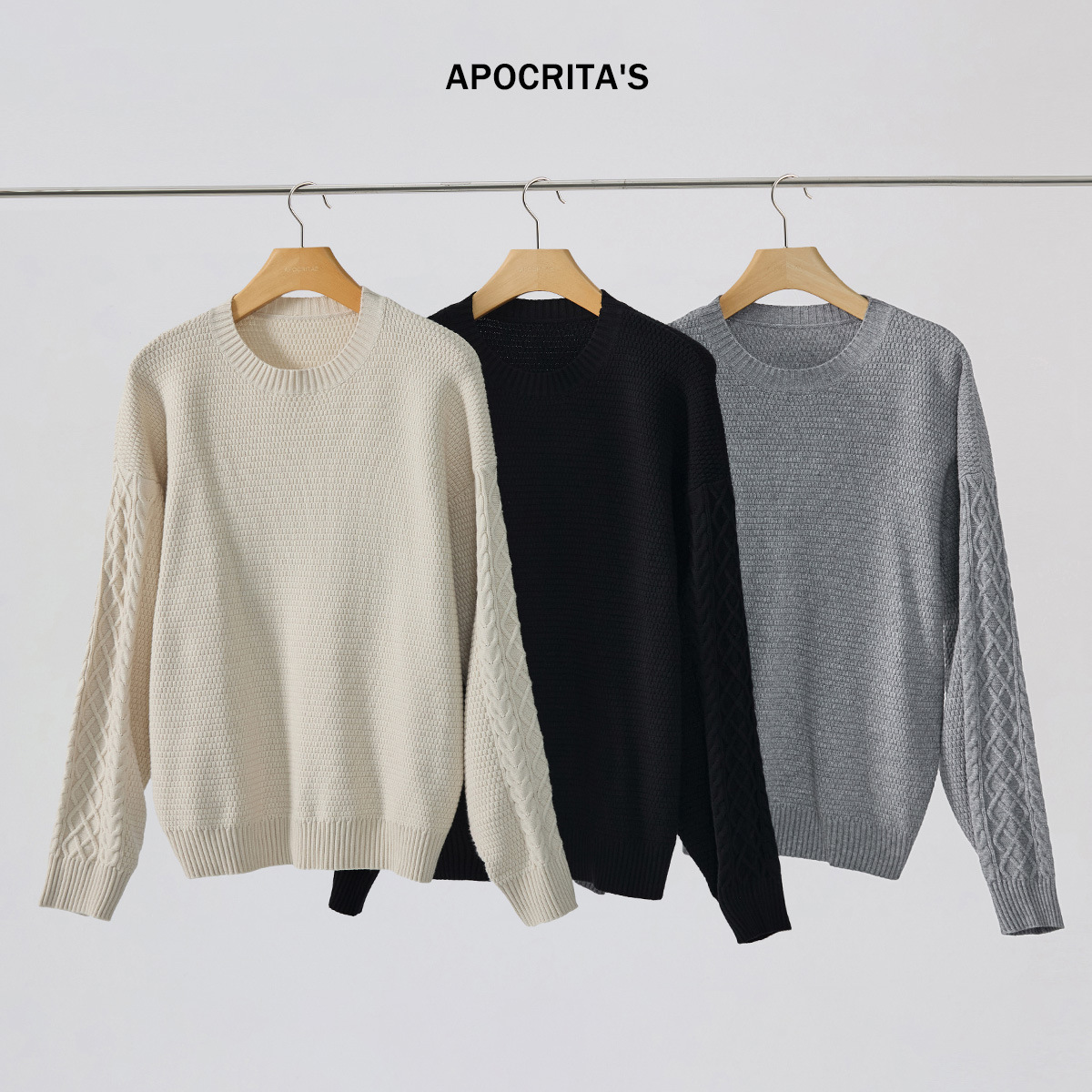 APO男装|青年毛衣男女秋冬高级感宽松慵懒圆领内搭长袖麻花针织衫