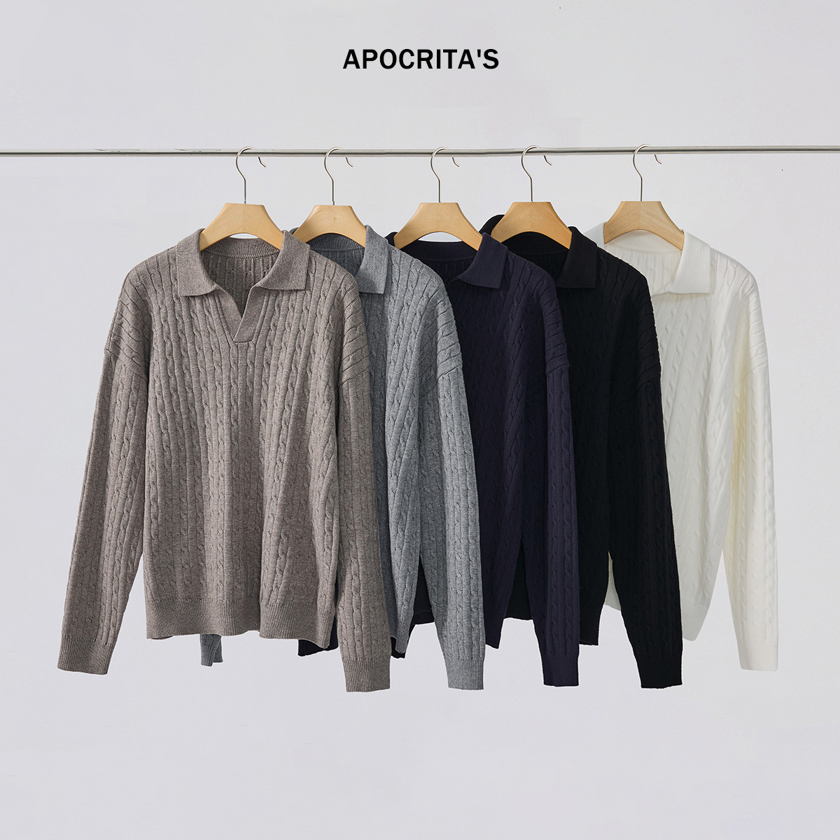 APO男装|青年男士毛衣韩系老钱风宽松海鸥领翻领针织提花长袖上衣