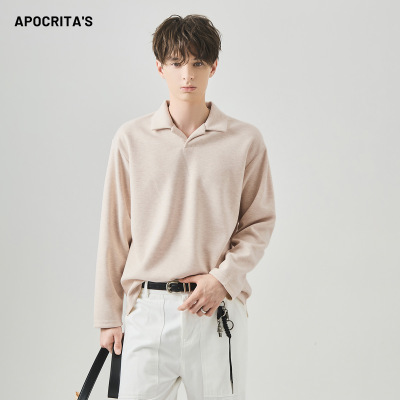 APO男装 |青年男士长袖POLO衫秋季宽松古巴翻领老钱风重磅T恤上衣