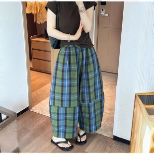 韩版洋气蓝绿夏季复古格子撞色阔腿裤女高腰宽松九分休闲裤哈伦裤