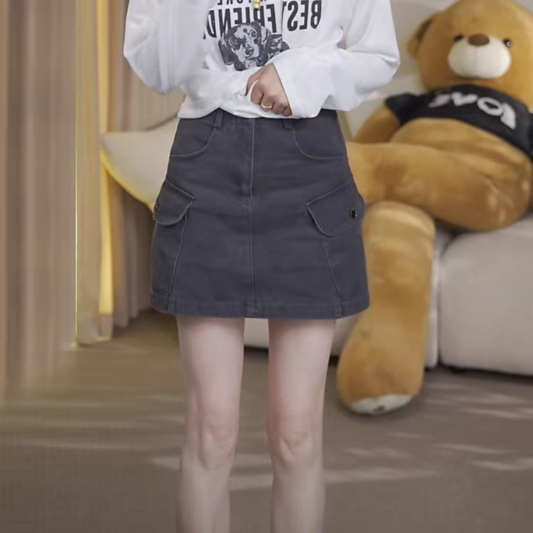 欧货时尚显瘦高级感灰棕色女新款高腰复古流苏腰带工装半身短裙潮