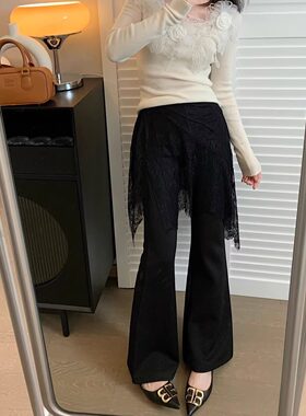 高腰蕾丝拼接显瘦微喇叭长裤女