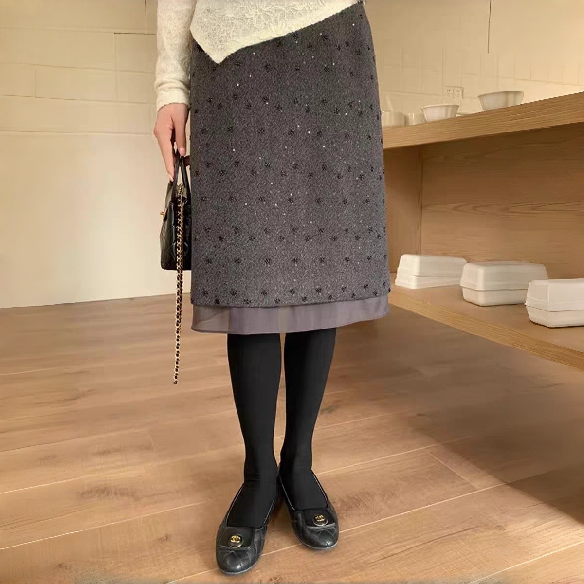 欧货气质亮片黑灰色半身裙女高腰A字中长款毛呢拼接百搭通勤裙子,女装/女士精品,半身裙,淘宝优惠券,粉丝福利购,淘宝优惠卷