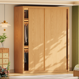 国补原木风全实木推拉门衣柜小户型家用卧室可定制双移门收纳衣橱