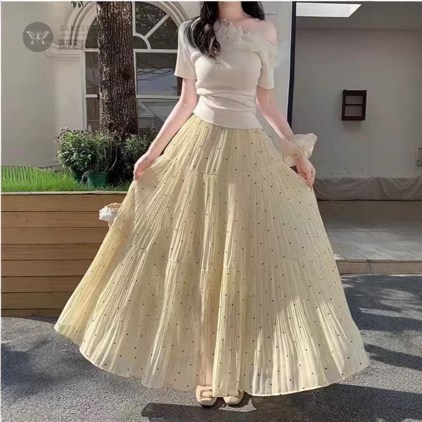 雪纺波点百褶半身裙女春夏季垂坠