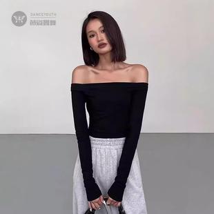 一字肩露脐短款上衣女长袖性感高腰超短装韩版秋冬紧身打底衫恤
