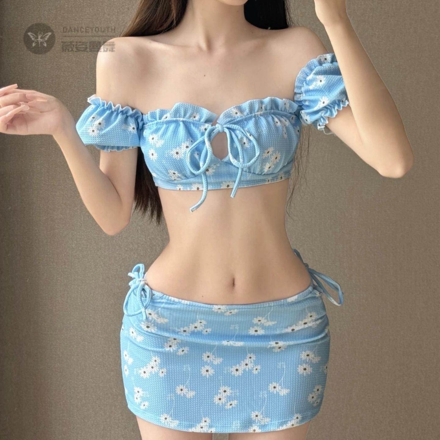 碎花小清新甜美分体泳衣女抹胸泡泡袖遮肚遮肉比基尼裙式温泉