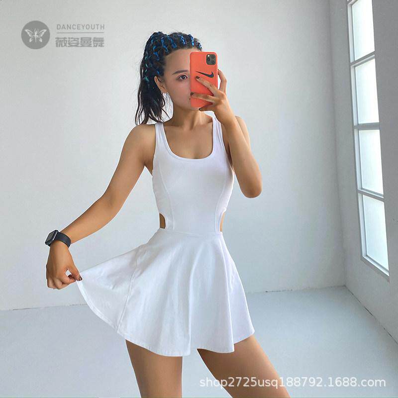 欧美运动连体裙女含胸垫高弹速干美背交叉防走光网球裙女