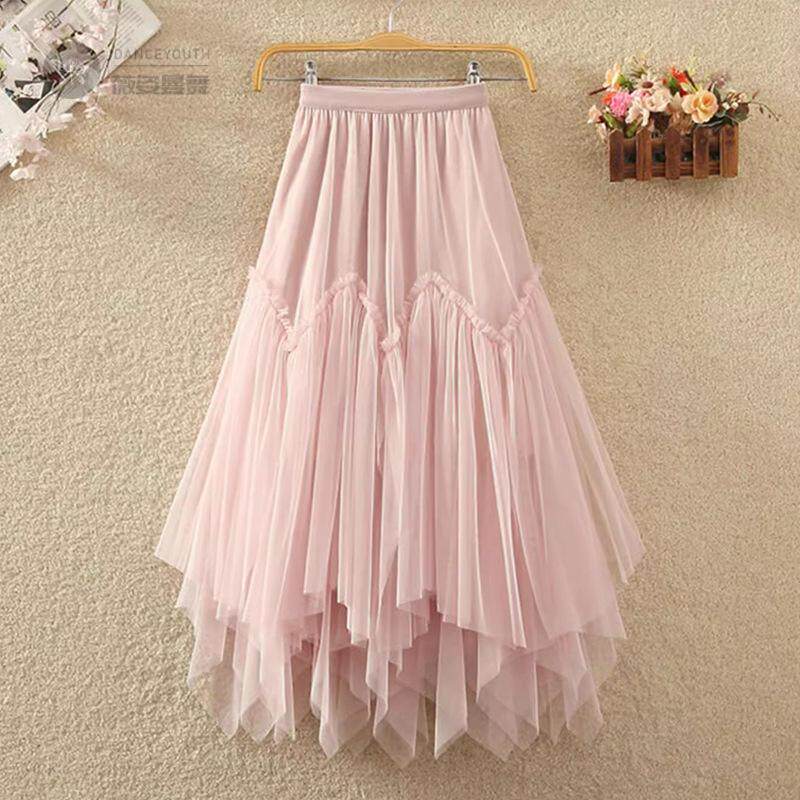 不规则拼接网纱裙大码女装中长款高腰松紧A字加肥超仙女半身裙