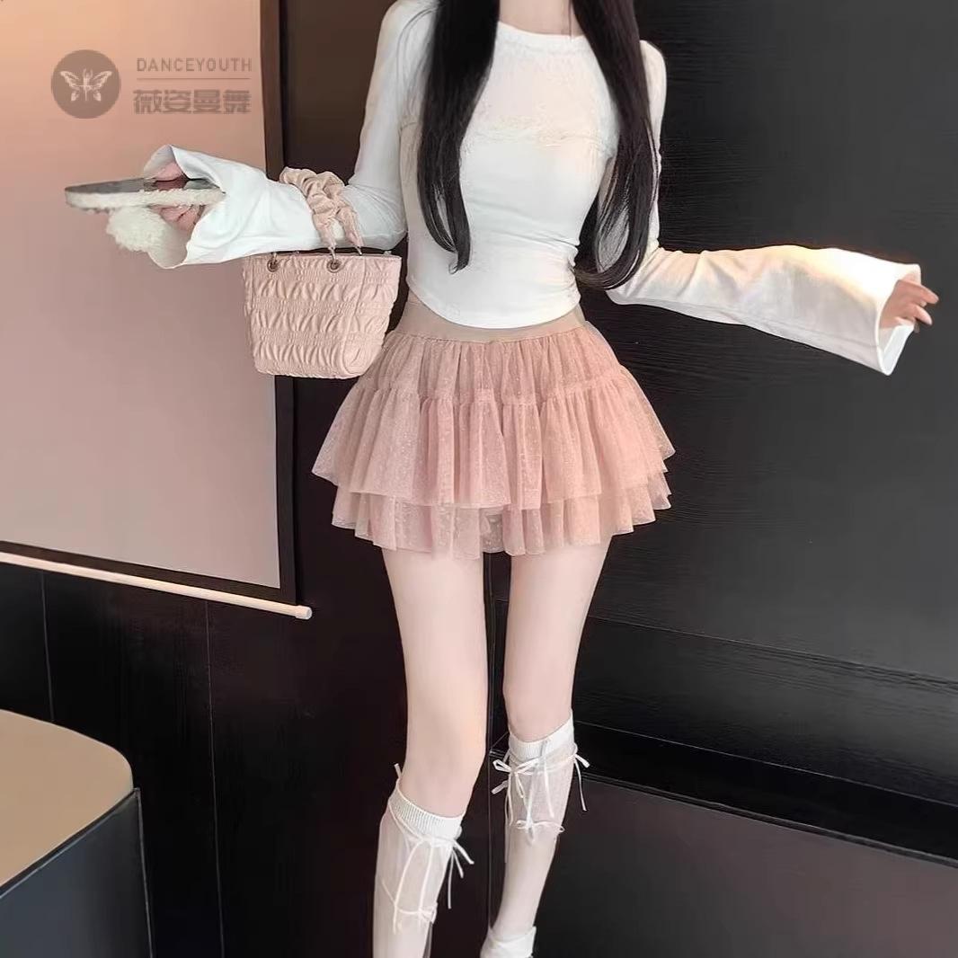 辣妹高腰蕾丝拼接蓬蓬短裙女早春