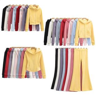 修身短款连帽加绒卫衣外套奥粒绒卫裤套装女秋冬微喇裤拉链帽衫批