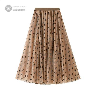 大摆拼接网纱植绒半身裙