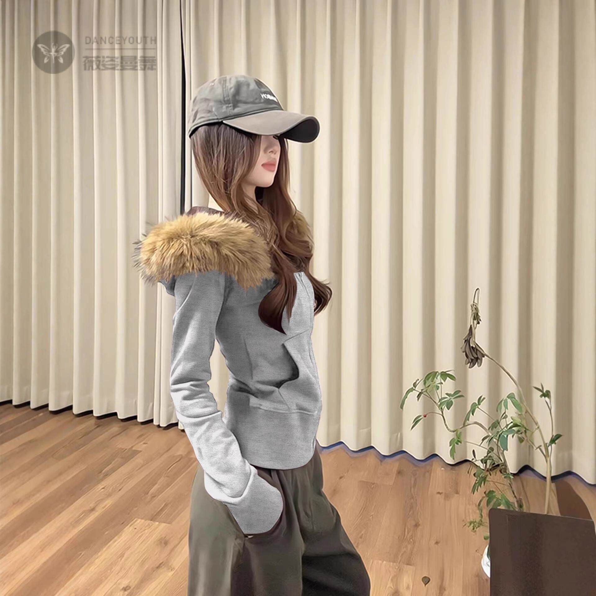 灰色毛领修身卫衣外套女加绒短款上衣收腰美式连帽衫秋季2025新款