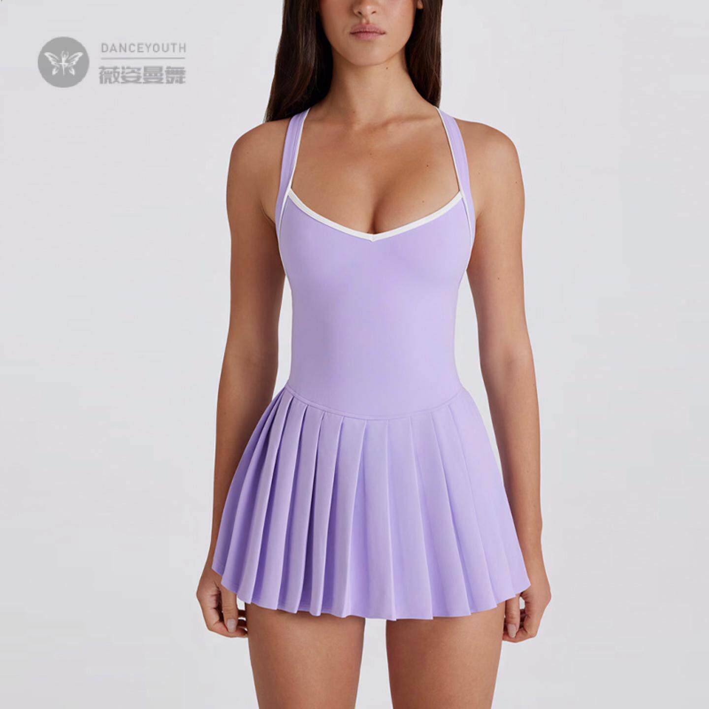 短裙带胸垫连衣裙百褶裙打底裤透气速干运动跑步防走光网球裙
