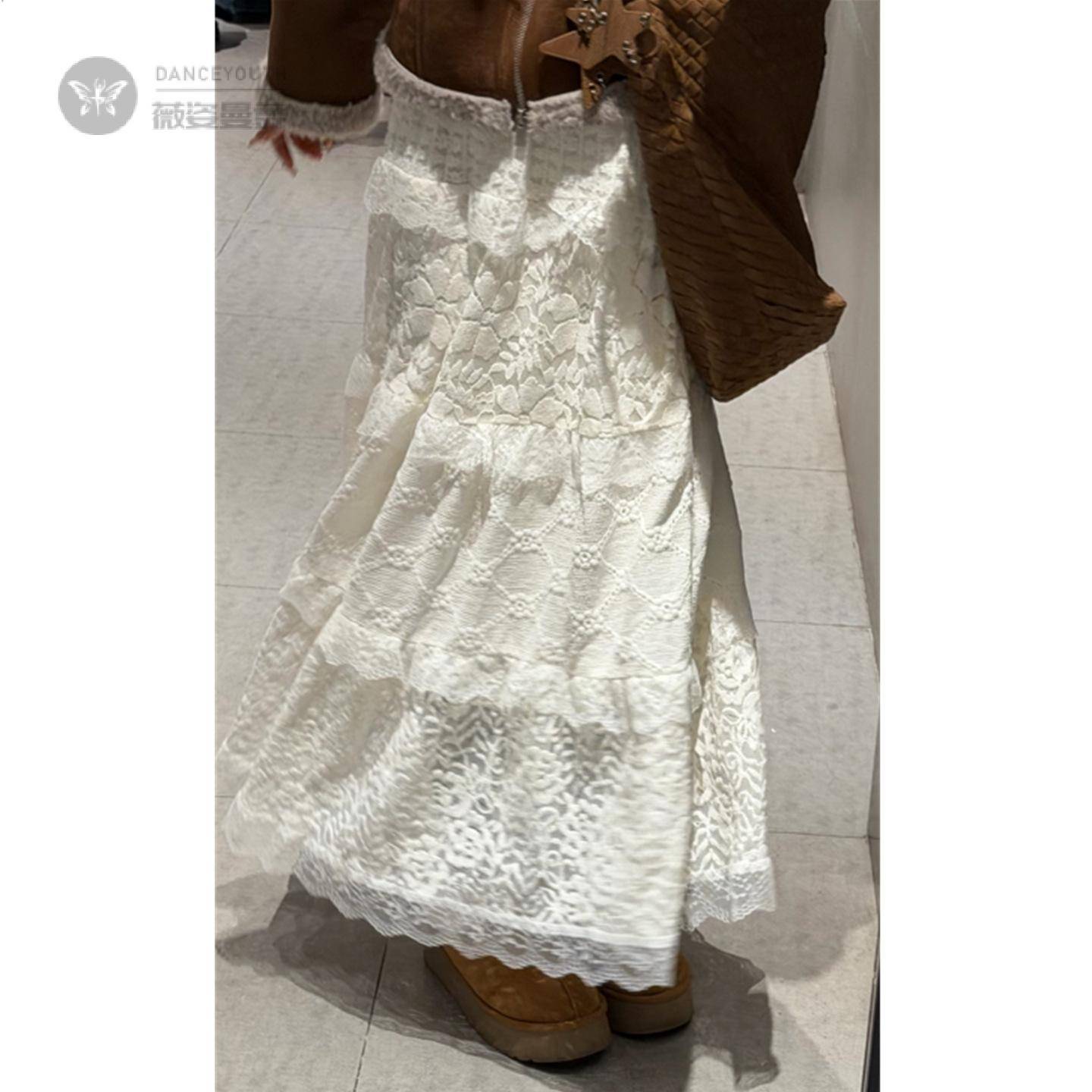 韩系奶油风甜美蕾丝花边拼接半身裙女秋冬加绒加厚A字毛绒感长裙