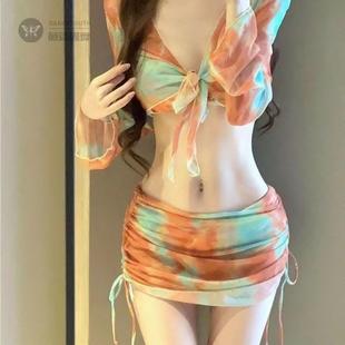 新款 性感比基尼四件套温泉度假游泳沙滩印花抽绳复古 长袖