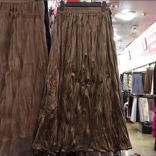 秋冬时尚百搭压褶绒半身裙大码女中款长小个子高腰A字褶皱裙