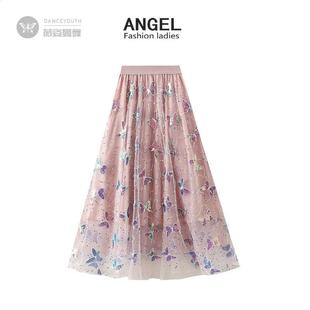 亮片纱裙半身裙2025春新款 高腰a字裙垂感中长网纱仙女裙2432