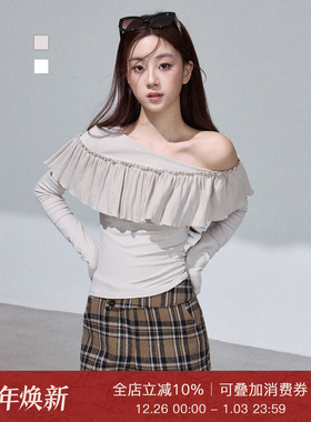 Moxiebabe法式咖色斜肩长袖打底T恤女秋冬荷叶边拼接显瘦短款上衣