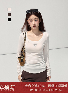 Moxiebabe设计感白色修身长袖T恤女装冬季减龄显瘦正肩打底衫上衣