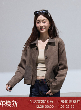 Moxiebabe美式复古纯色麂皮绒夹克外套女装秋季气质显瘦百搭上衣