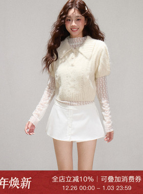 Moxiebabe甜美风套装短袖毛衣女蕾丝长袖T恤秋季显瘦半身裙三件套