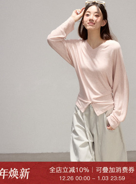 Moxiebabe设计感粉色开叉V领长袖T恤女秋季气质纯色宽松百搭上衣