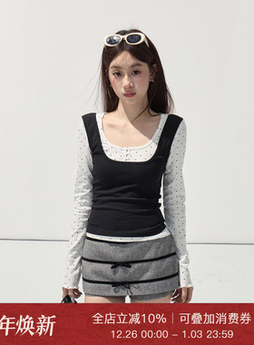 Moxiebabe时尚套装长袖波点打底T恤女冬季外搭黑色吊带背心两件套