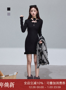 Moxiebabe纯欲风长袖针织连衣裙女冬季立体花朵包臀裙打底短裙子