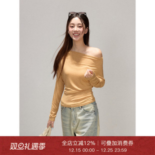 上衣 露肩打底衫 Moxiebabe气质橘色性感斜肩T恤女秋季 小众百搭修身