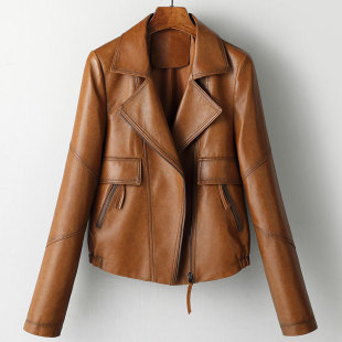 韩国短款 宽松翻领洋气休闲机车服真皮夹克 咖色皮衣外套女春秋新款