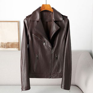 2025年春新款海宁绵羊皮进口真皮皮衣女短款机车服皮夹克加长外套