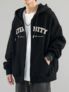重磅纯棉加绒加厚开衫连帽卫衣男秋冬装潮牌字母宽松拉链夹克外套