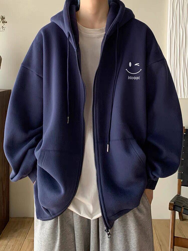 重磅纯棉加绒开衫外套男秋冬装简约笑脸印花宽松学生拉链连帽卫衣
