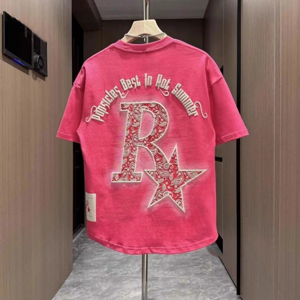 夏季多巴胺色发泡印花短袖T恤情侣款时尚刺绣燕尾民族风休闲半袖