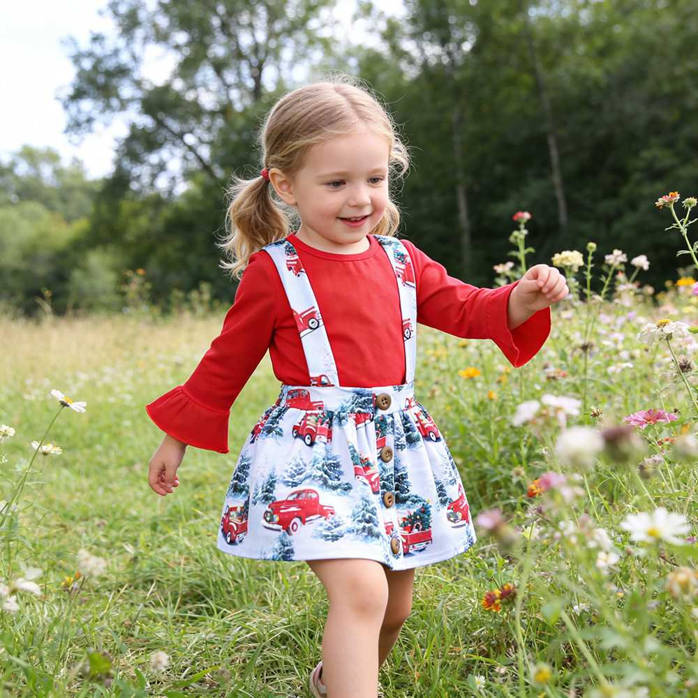春秋装欧美风格宝宝服饰女童长袖裙子印花圣诞树汽车背带裙套装潮