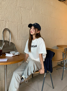 DRIZZLE字母印花美式圆领短袖t恤女夏季2025新款韩系纯棉宽松上衣