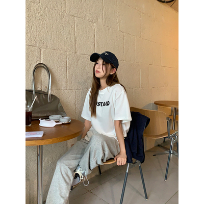 DRIZZLE字母印花美式圆领短袖t恤女夏季2025新款韩系纯棉宽松上衣