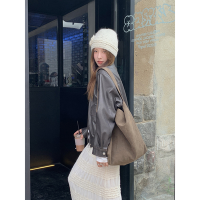 DRIZZLE 棕色皮衣外套女春季2026新款复古做旧高级感美拉德皮夹克