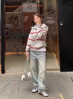 DRIZZLE 怀旧蓝水洗直筒牛仔裤女2025秋冬新款竹节纹设计感拖地裤