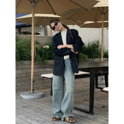 DRIZZLE 复古水洗牛仔裤女秋冬新款裤子做旧宽松显瘦直筒拖地长裤