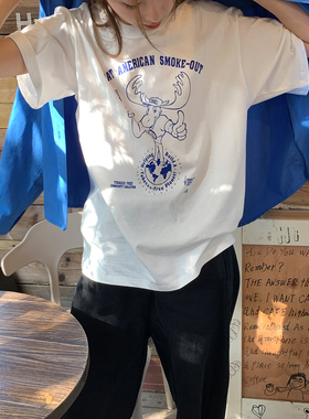 DRIZZLE卡通涂鸦印花白色短袖T恤女夏季宽松减龄休闲百搭显瘦上衣