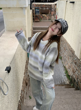 DRIZZLE 条纹针织套头毛衣女2025秋新款小个子宽松显瘦慵懒风外穿