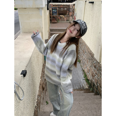 DRIZZLE 条纹针织套头毛衣女2025秋新款小个子宽松显瘦慵懒风外穿