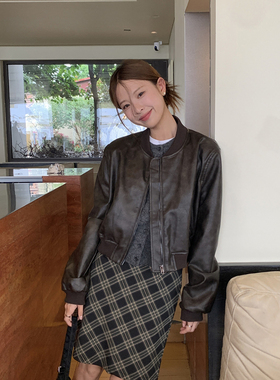 DRIZZLE 复古做旧棕色皮衣外套女春秋新款休闲美式机车短款皮夹克