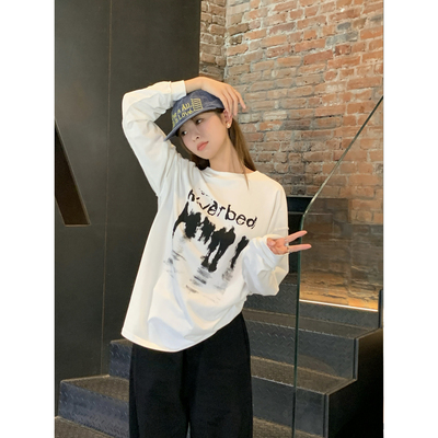 DRIZZLE 设计感白色长袖t恤女春季新款韩系字母印花慵懒宽松上衣