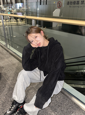 DRIZZLE 黑色双拉链连帽卫衣女秋季新款保暖摇粒绒立领短款外套