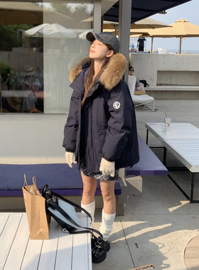 DRIZZLE 藏青色工装羽绒服女冬季新款派克服宽松毛领加厚保暖外套